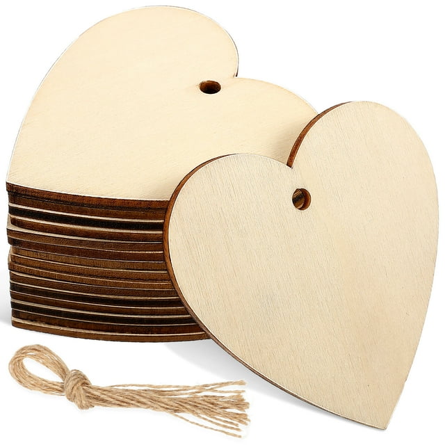50 corazones de madera para pintar, recortes de madera sin terminar, manualidades colgantes con cuerdas.