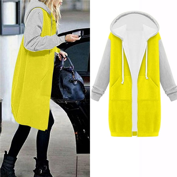 zanvin Clearance Women's Solid Color Jacket Thickening And Fleece And Winter Casual Zipper Long Sleeve Pocket Hooded Long Sweater,Yellow,XXL