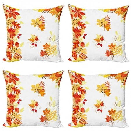 Fall Throw Pillow Cushion Case Pack of 4, Autumn Themed Pattern Chestnut Oak Maple Leaves and Berries Corner Design Elements, Modern Accent Double-Sided Print, 4 Sizes, Multicolor, by Ambesonne