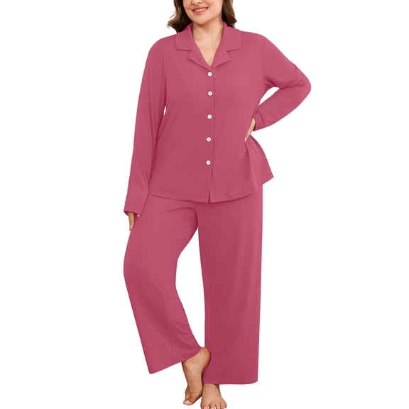 SHOWMALL Women's Plus Size Pajama Sets Long Sleeve Button Down Sleepwear 2-Piece Loungewear with Pockets