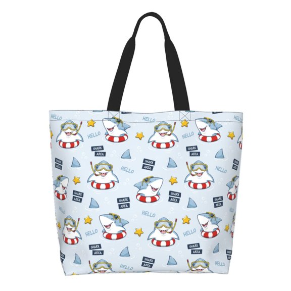 Pofeuu Swimming Shark Print Reusable Grocery Bags - Washable, Foldable, Packable Tote, Large Handles, Heavy Duty, Zippered Top Pouch