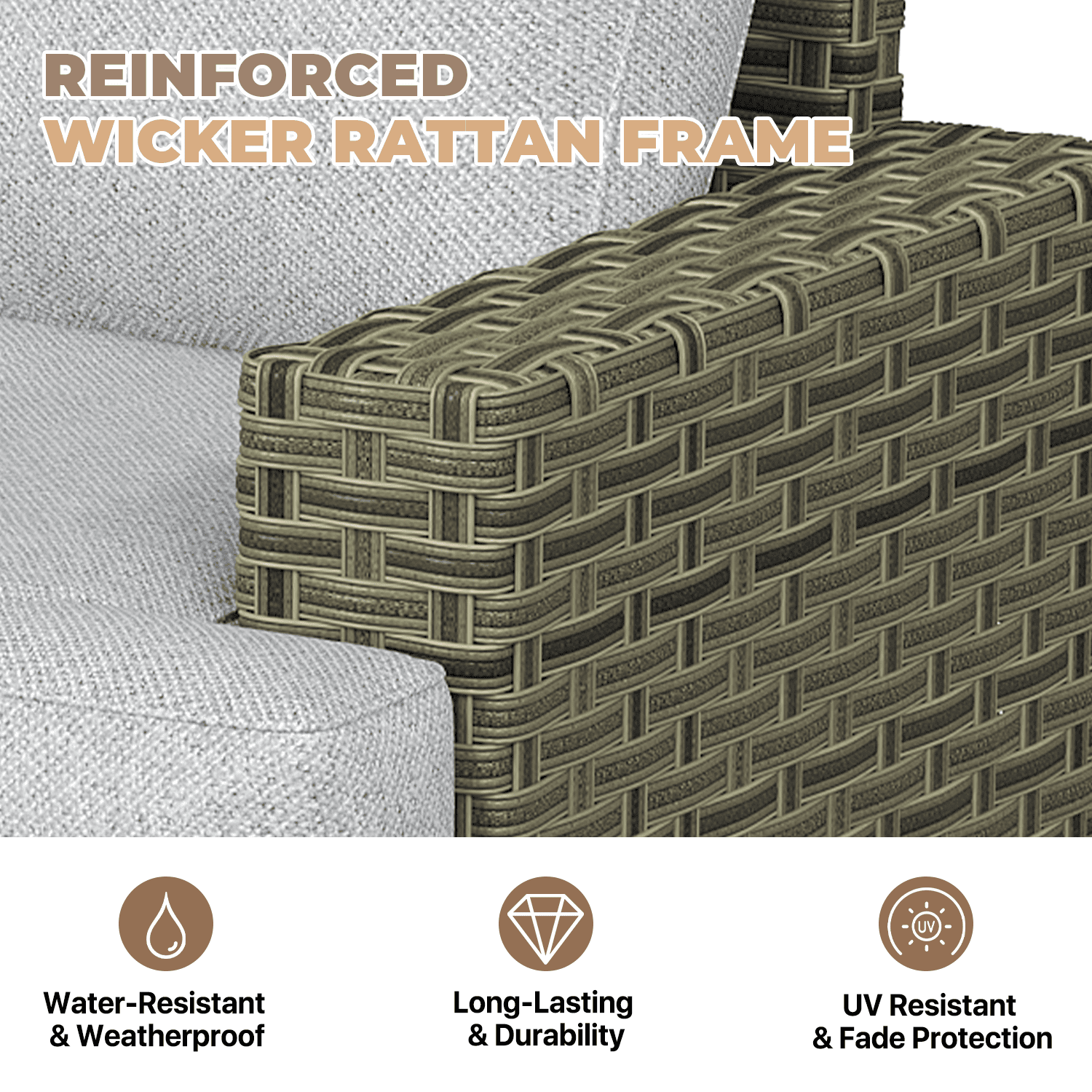 BaPiPro 6-Piece Outdoor Rattan Modular Sectional Sofa Set with High Resilience Gray Cushions and Easy-Clean Tempered Glass Coffee Table, Flexible Configuration for Garden, Backyard & Patio