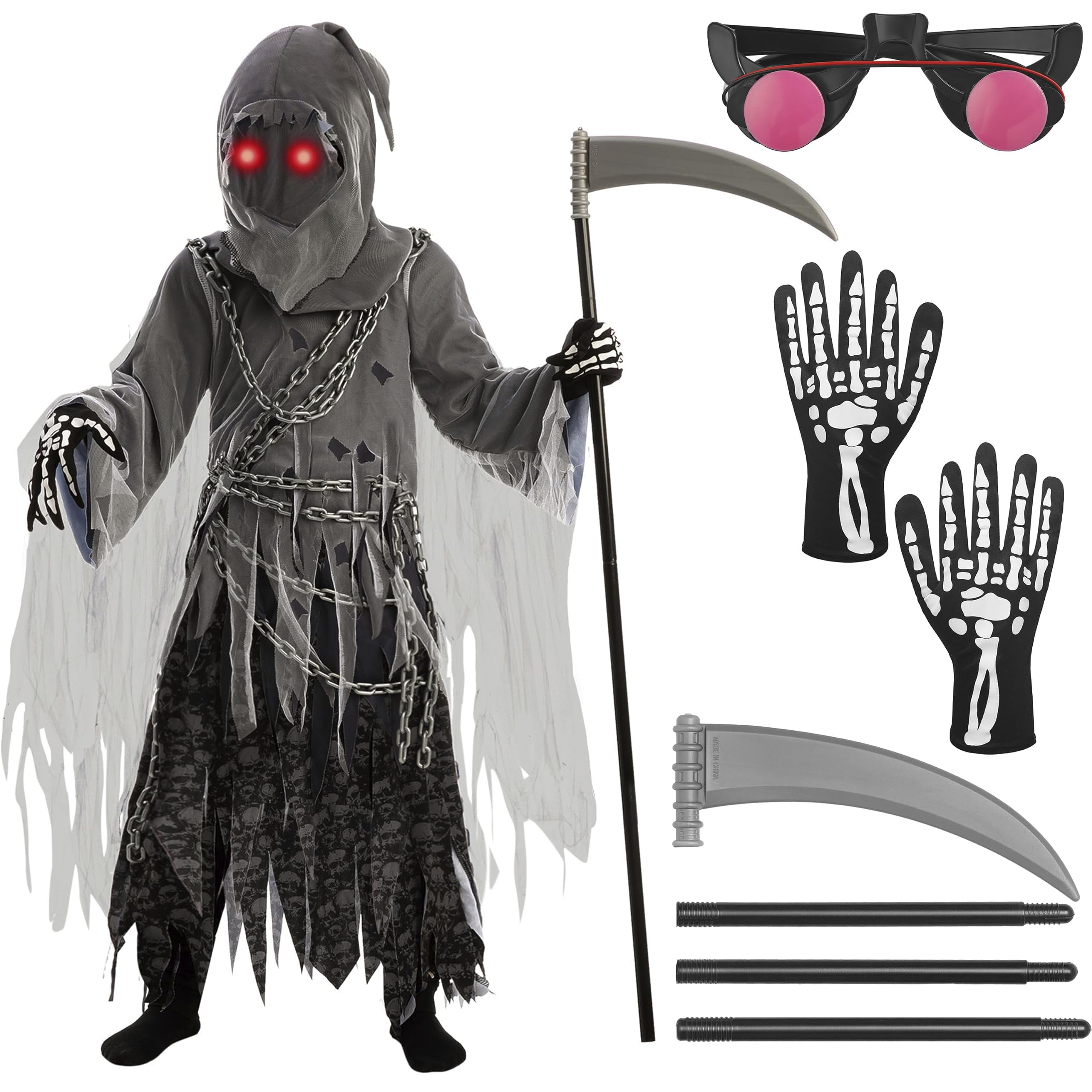 Spooktacular Creations Child Unisex Grim Reaper Costume, Halloween Costume  with Glowing Red Eyes for Kids Trick-or-Treating,S 