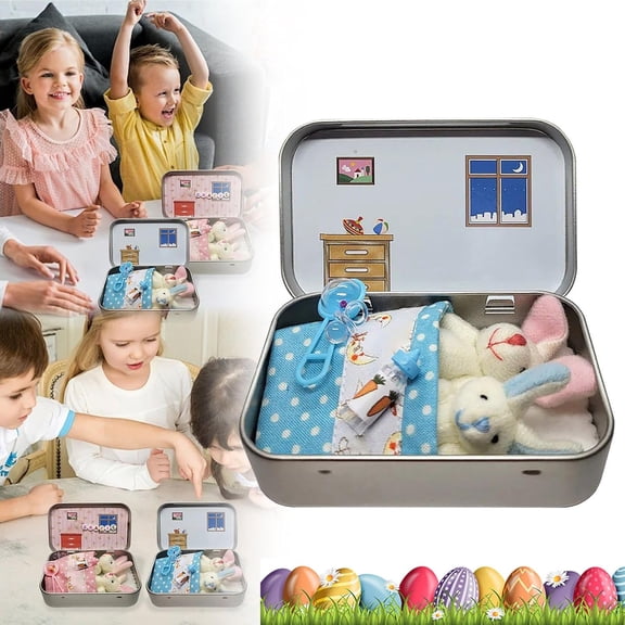 Easter Basket Stuffer, Little Pocket Bunny Decorative Boxes – Mini Plush Bunny Adoption Kit with Accessories, DIY Pet Bunny House for Kids Easter Gifts