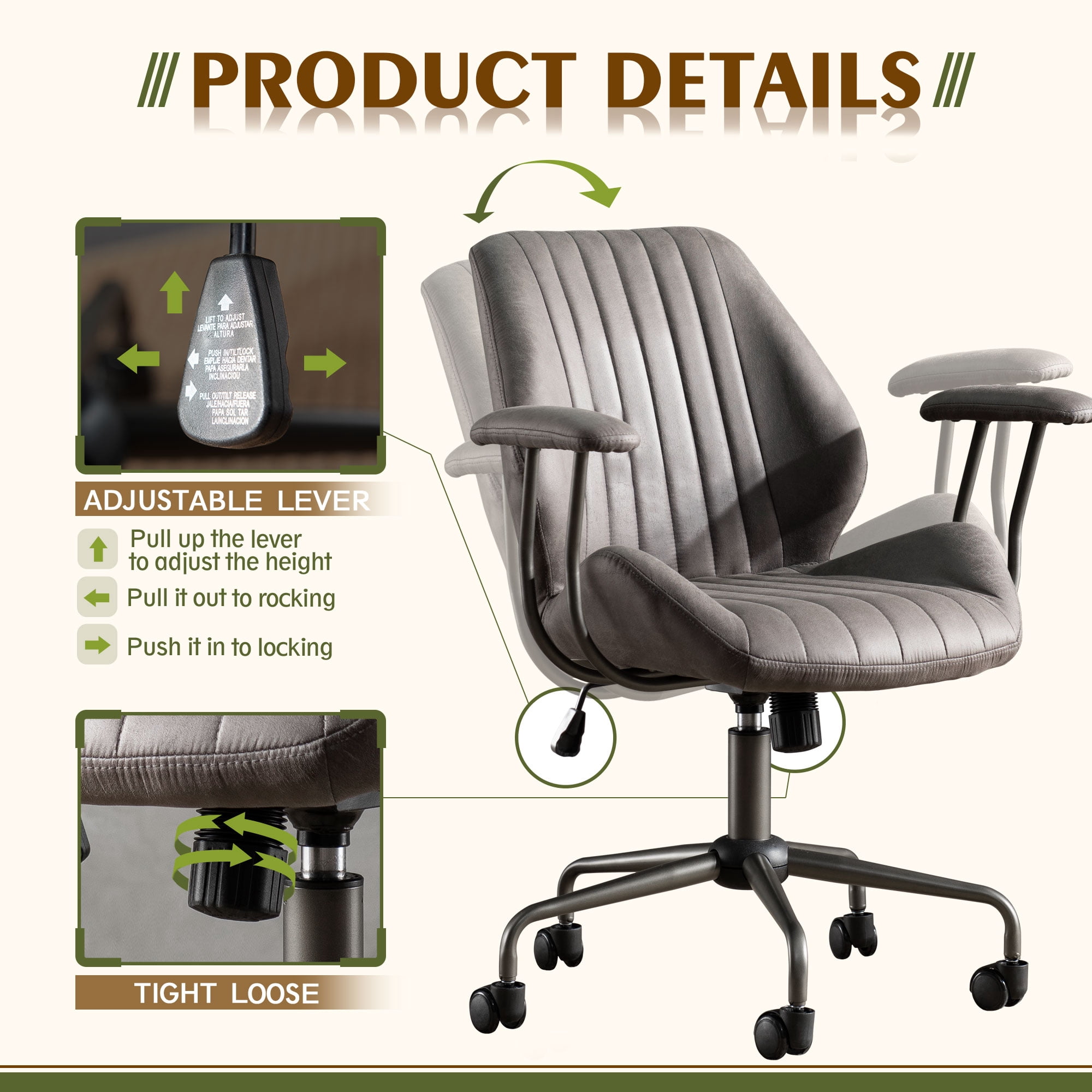 Toject Executive Desk Chair, Ergonomic Office Chair with Lumbar Support, Suede Leather, Dark Gray