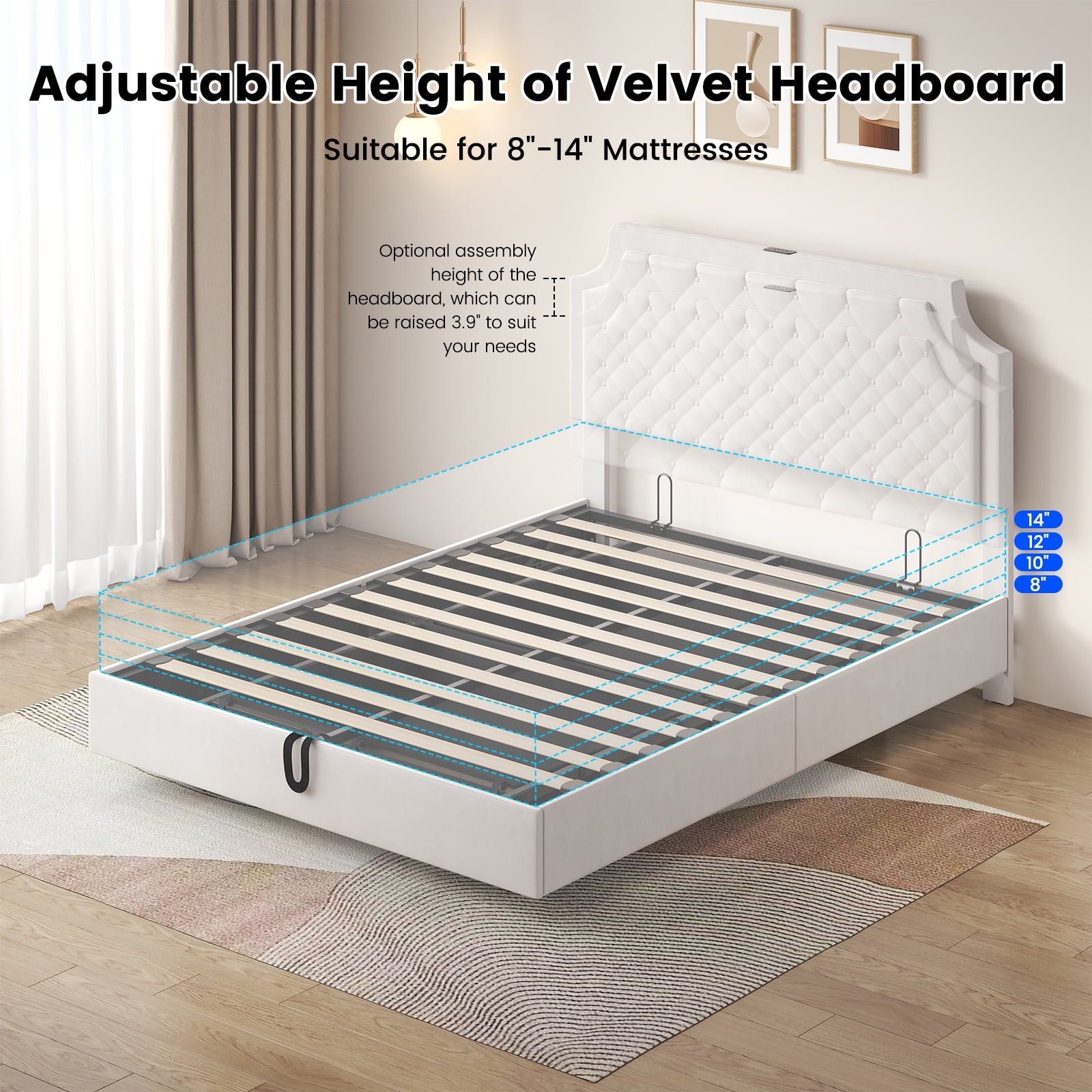 Queen Size Floating Bed Frame with Adjustable Headboard, Lifting Up Upholstered Bed Frame Queen, Fast Charging Station, Underbed Lights Strip, Solid Wood Slat, No Box Spring Needed, Noise-Free, White