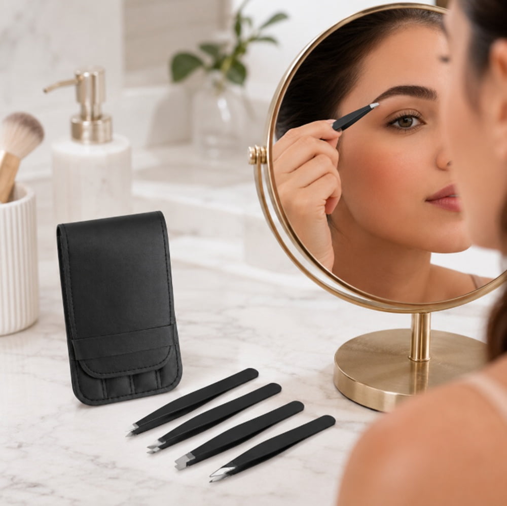 4 Piece Tweezer Set, Stainless Steel Eyebrow Tweezers with