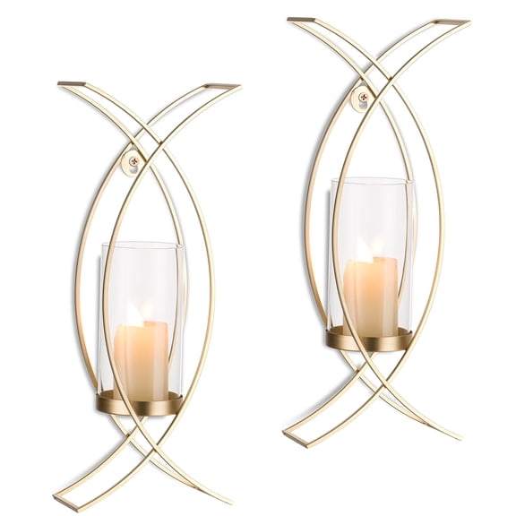 Sziqiqi Set of 2 Gold Wall Sconces with Glass Shades: Modern Geometric Candle Holders for Indoor Outdoor Wall Decor Living Room Bedroom Bathroom Hallway Mantel Patio