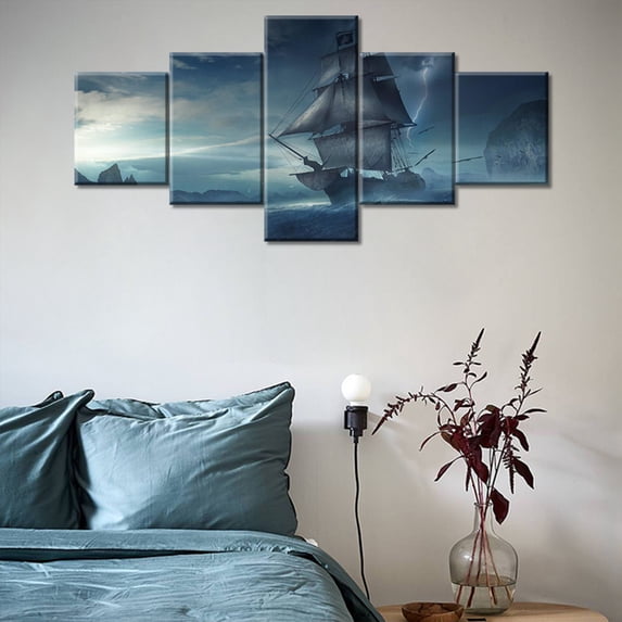 TISHIRON 5PCS Framed Canvas Wall Art Set,50"x24" Ship Night Landscape Canvas Art Decor