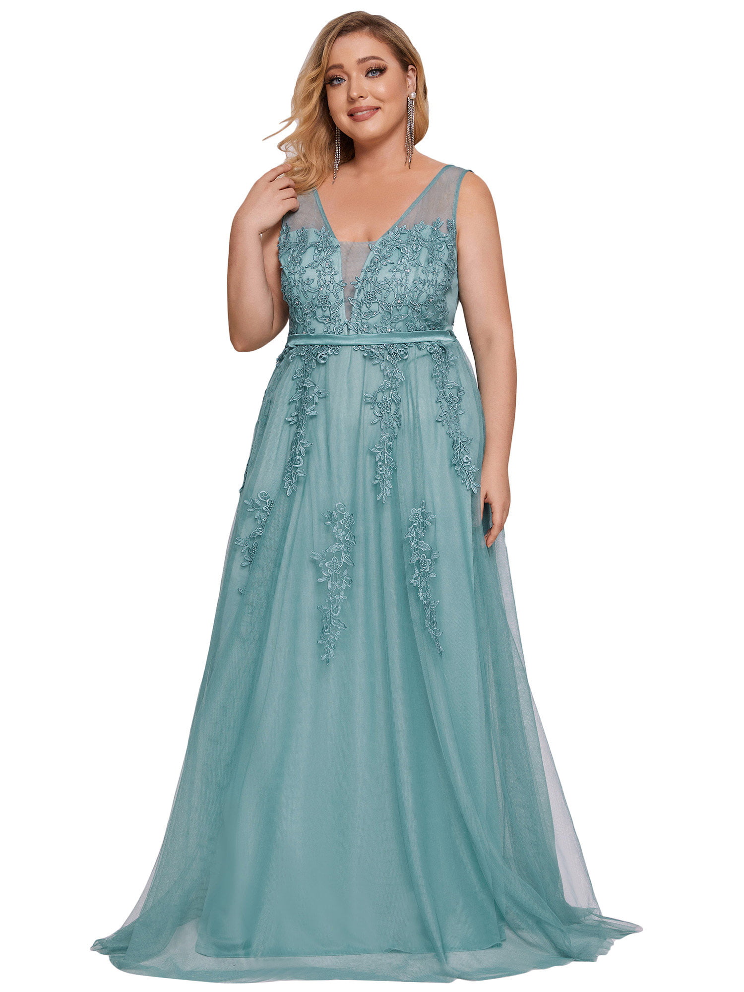 Ever-Pretty Womens Elegant V Neck Floor Length Tulle with Applique Long Evening Prom Dresses 07544 