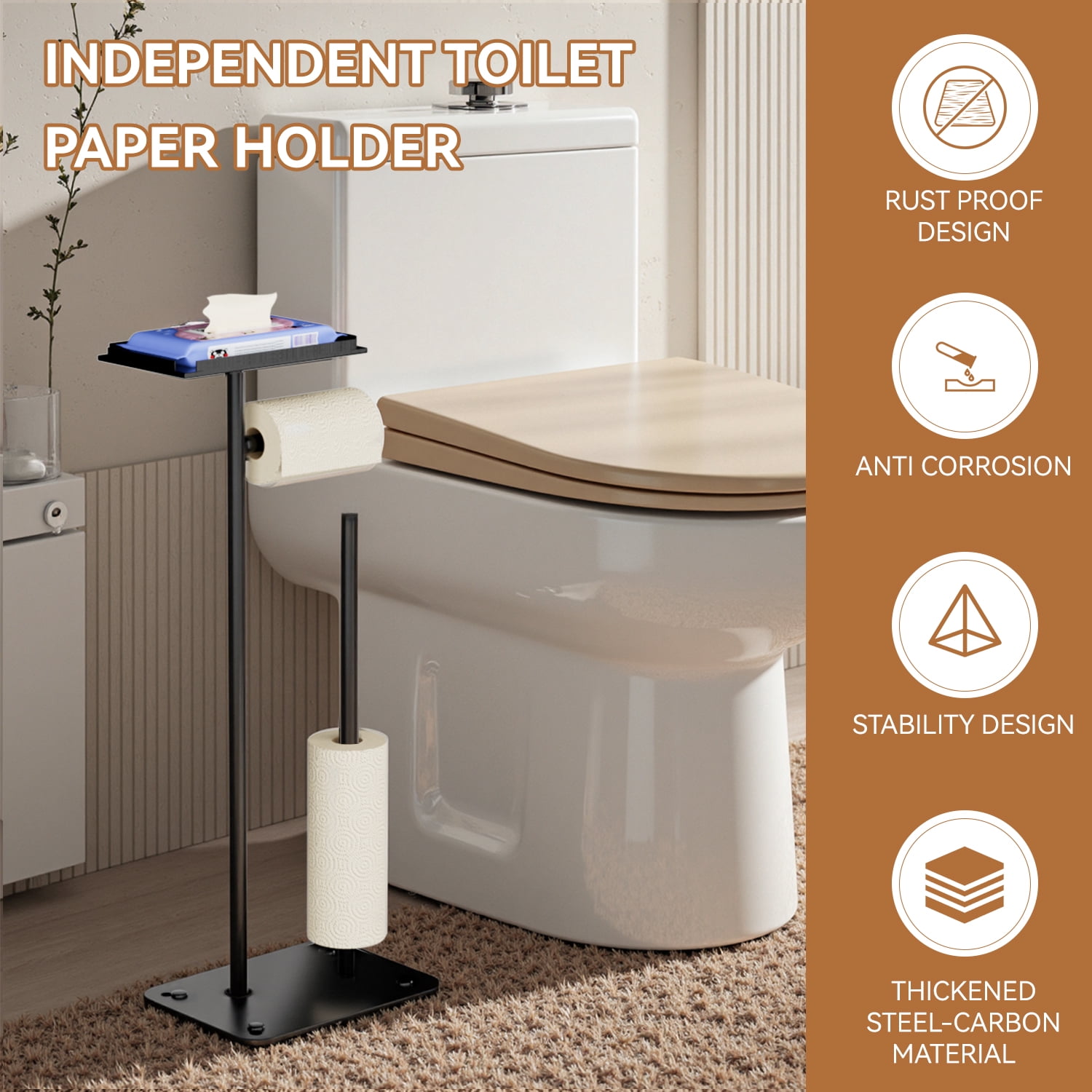 SZZJKJ Toilet Paper Holder Stand with Top Storage Shelf，Toilet Paper Holder，Toilet Paper Rack with Storage Function, Capable of Holding 4 Spare Rolls(Black).
