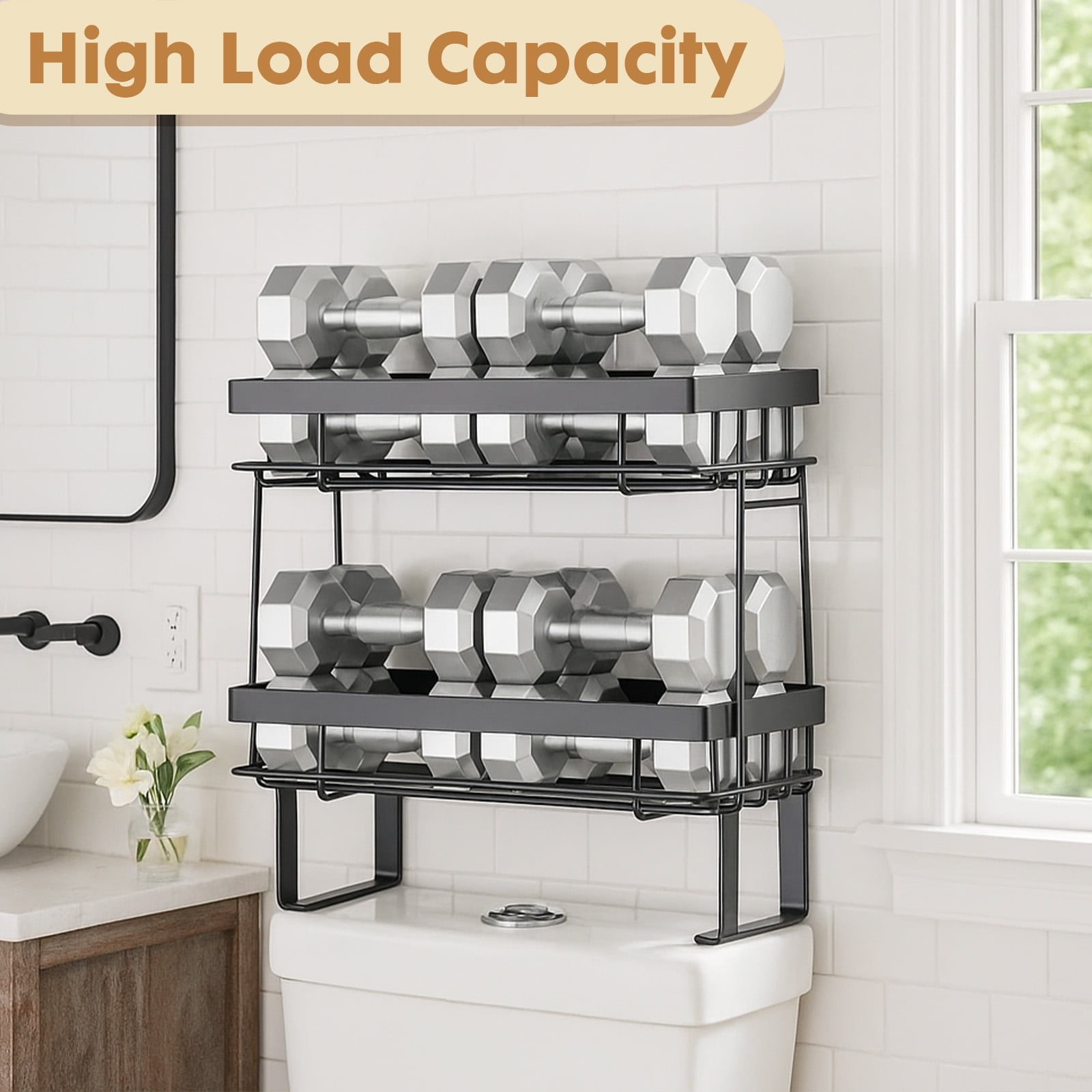 YOYTOO Over the Toilet Storage Shelf, 3 Tier Freestanding Bathroom Caddy Organizer Behind Toilet Stand Shelves Towel Rack with Toilet Paper Roll Holder, Black