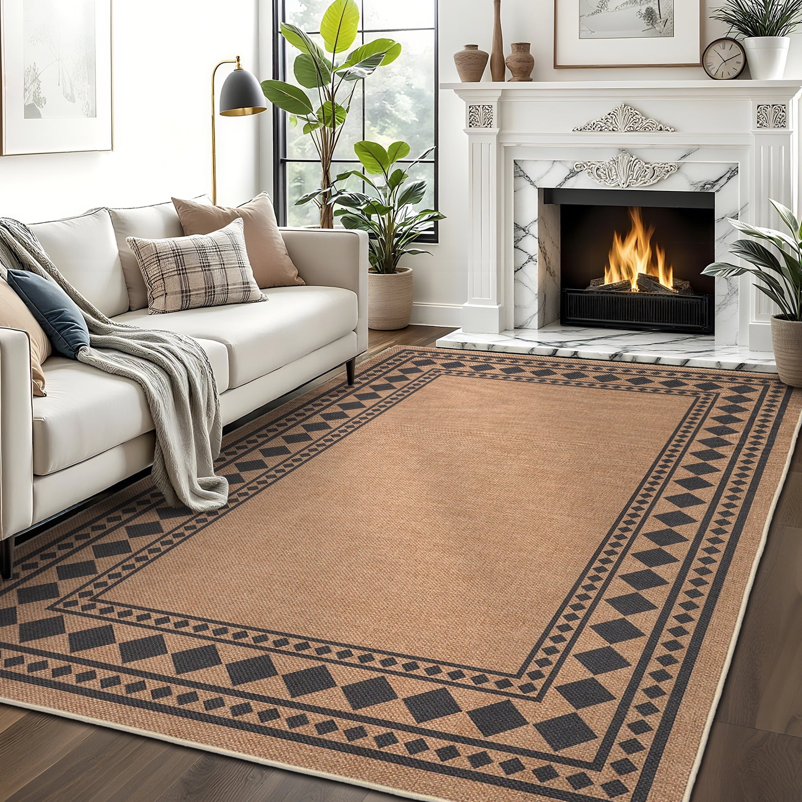 Garvee 5'x7' Modern Bordered Rug Solid Area Rug, Geometric Washable Rugs Stain Resistant Low Pile Rug Non Slip Indoor Outdoor Carpet for Living Room Bedroom Home Office, Coffee