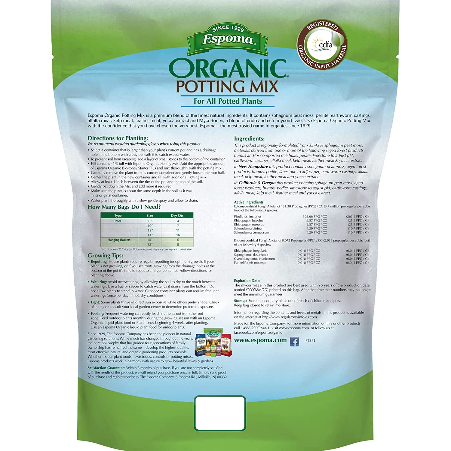 Espoma Organic Potting Soil Mix - All Natural Potting Mix For All Indoor & Outdoor Containers Including Herbs & Vegetables. For Organic Gardening, 8qt. bag. Pack of 1