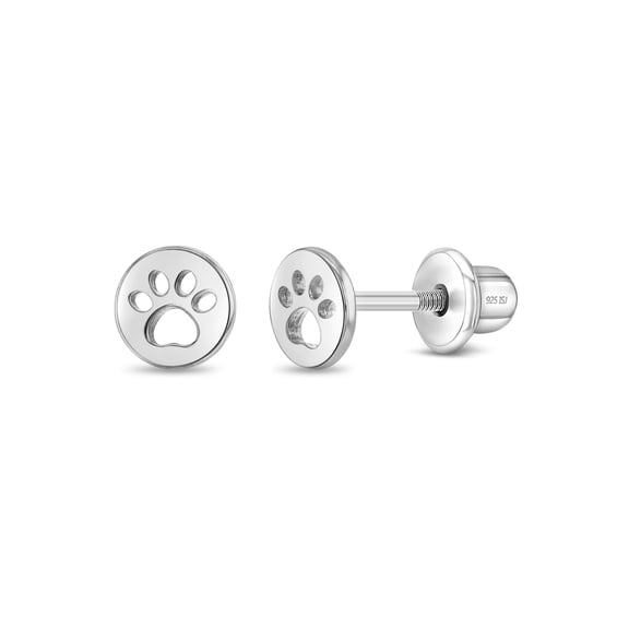 Dog Paw Coin Kids / Children's / Girls Earrings Screw Back - Sterling Silver