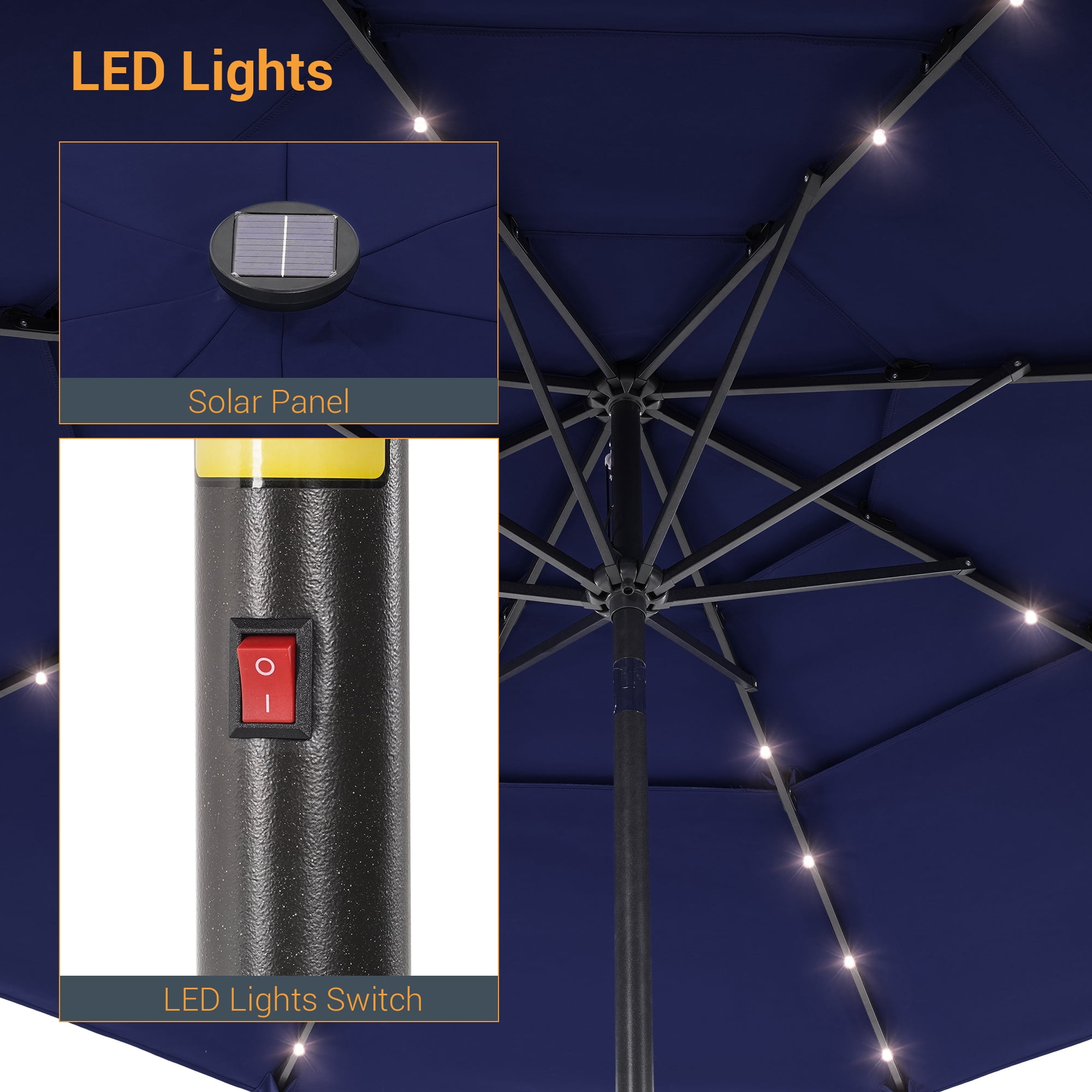ACEGOSES 10ft LED 3 Tiers Patio Market Umbrella Outdoor with Ventilation for Garden, Deck and Pool,Navy Blue