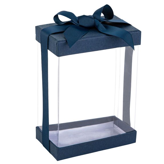 Hammont Elegant Clear Plastic Gift Box with Navy Blue Bow and Ribbon for Gifting 5"x3"x7" 6 Pack