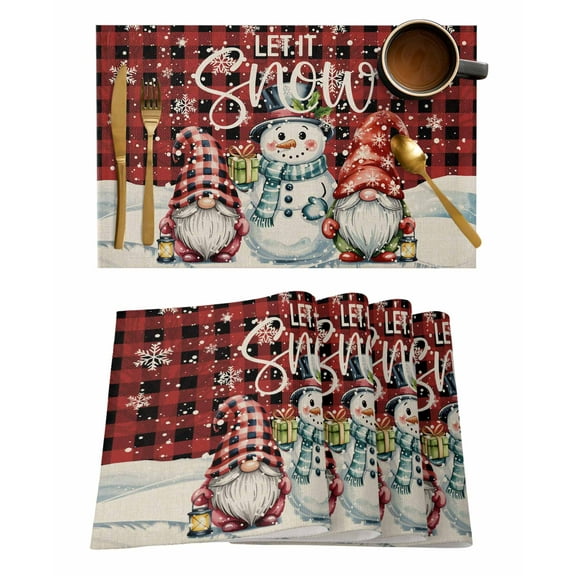 Winter Snowman Gnome Placemats Set of 8 Christmas Snow Red Black Plaid Heat Insulation Washable Place Mats, Rustic Non-Slip Table Mats for Dining Table Party Kitchen Decor,13x19 Inch