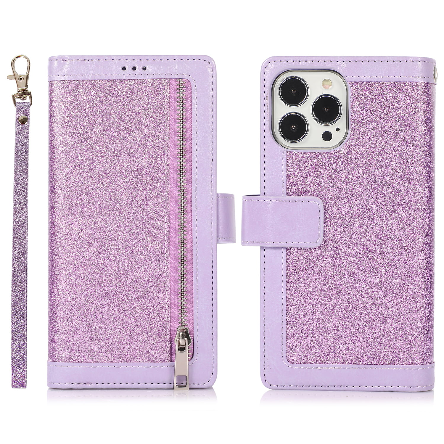 Coolwee Compatible iPhone 13 Wallet Case Flip Folio Cover with Card Slots Kickstand Design Wrist Strap Girls Women Glitter PU Leather Compatible with Apple iPhone 13 Shiny Sparkle Rose Gold Pink 