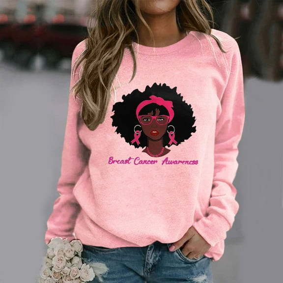 Jsaierl Breast Cancer Shirts for Women Pink Ribbon Graphic Sweatshirts Trendy Long Sleeve Tops Plus Size Strong Breast Cancer Awareness T-shirts
