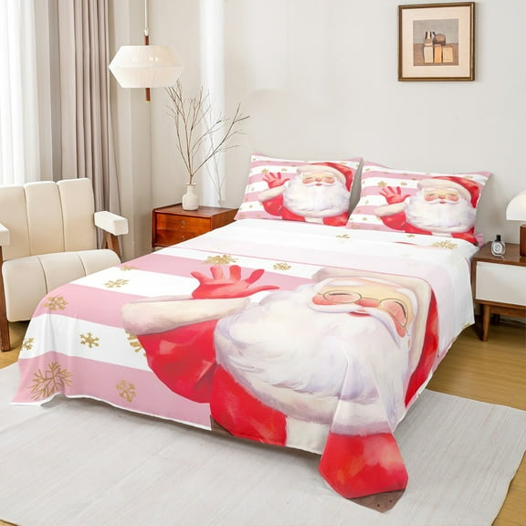 Homewish Kawaii Santa Claus 3pcs Twin Sheet Sets For Children Teens Adults,Happy Christmas Xmas Twin Fitted Sheet,Geometric Stripes Breathable Flat Sheet,Super Cozy Room Decor