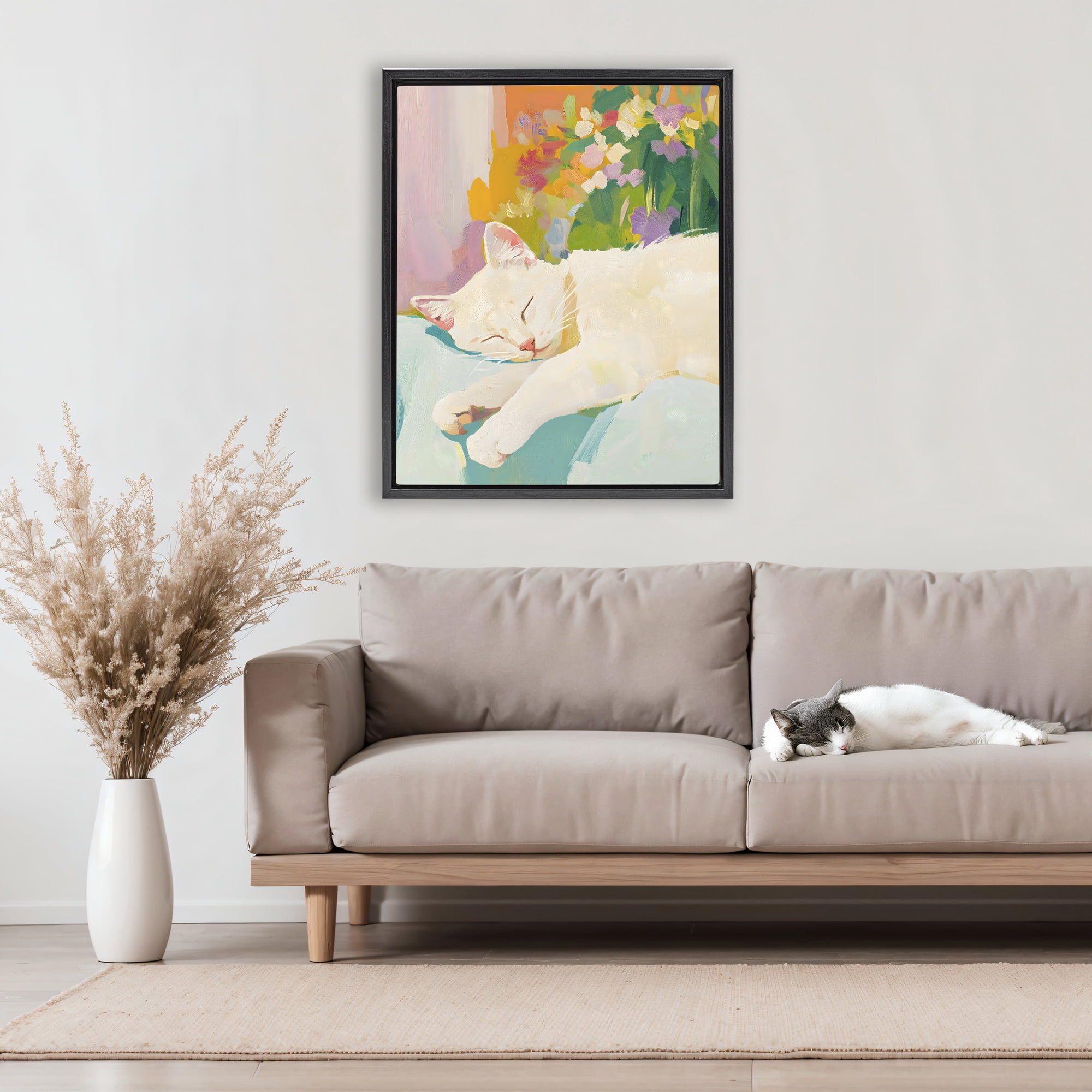 Stupell Industries Sleeping Cat with Flowers Black Framed Floater Canvas Wall Art, design by The Prints Vibe