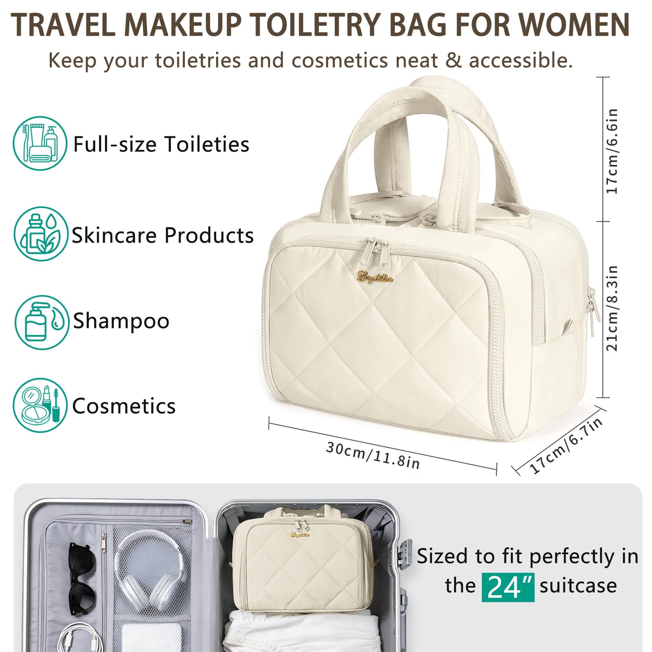 Puffy Travel Toiletry Bag for Women, Wide-Open Cosmetic Makeup Bag Organizer with Handle, Lightweight Quilted Travel Bag for Accessories, Essentials, Toiletries, Beige