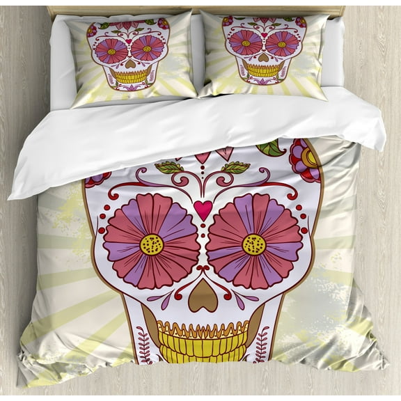 Sugar Skull Queen Size Duvet Cover Set, Folk Artwork of a Mexican Macabre Symbol with Floral Motifs Grunge Retro Style, Decorative 3 Piece Bedding Set with 2 Pillow Shams, Multicolor, by Ambesonne