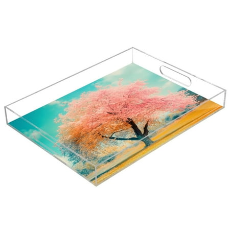 Acrylic Tray 15.7*11.8*1.9 Inch Transparent Tray Food Tray Tea Cup Tray Serving Trays Cosmetics Storage Kitchen Table Bathroom Sundry Storage Spring Tree Scene