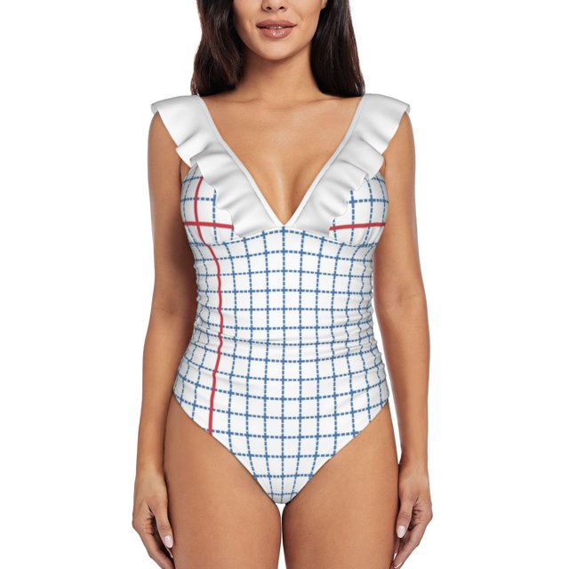 Dotted Grid With Red One Shoulder Ruffle Swimsuits One Piece Swimsuit Women Swimwear Beach Bathing Wear School Grid Paper Blue
