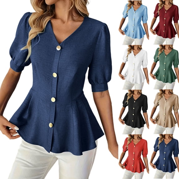 Ashirexll Tops for Women Trendy Fashion Casual Solid Color V-Neck Buttoned Short Sleeve Top for Spring