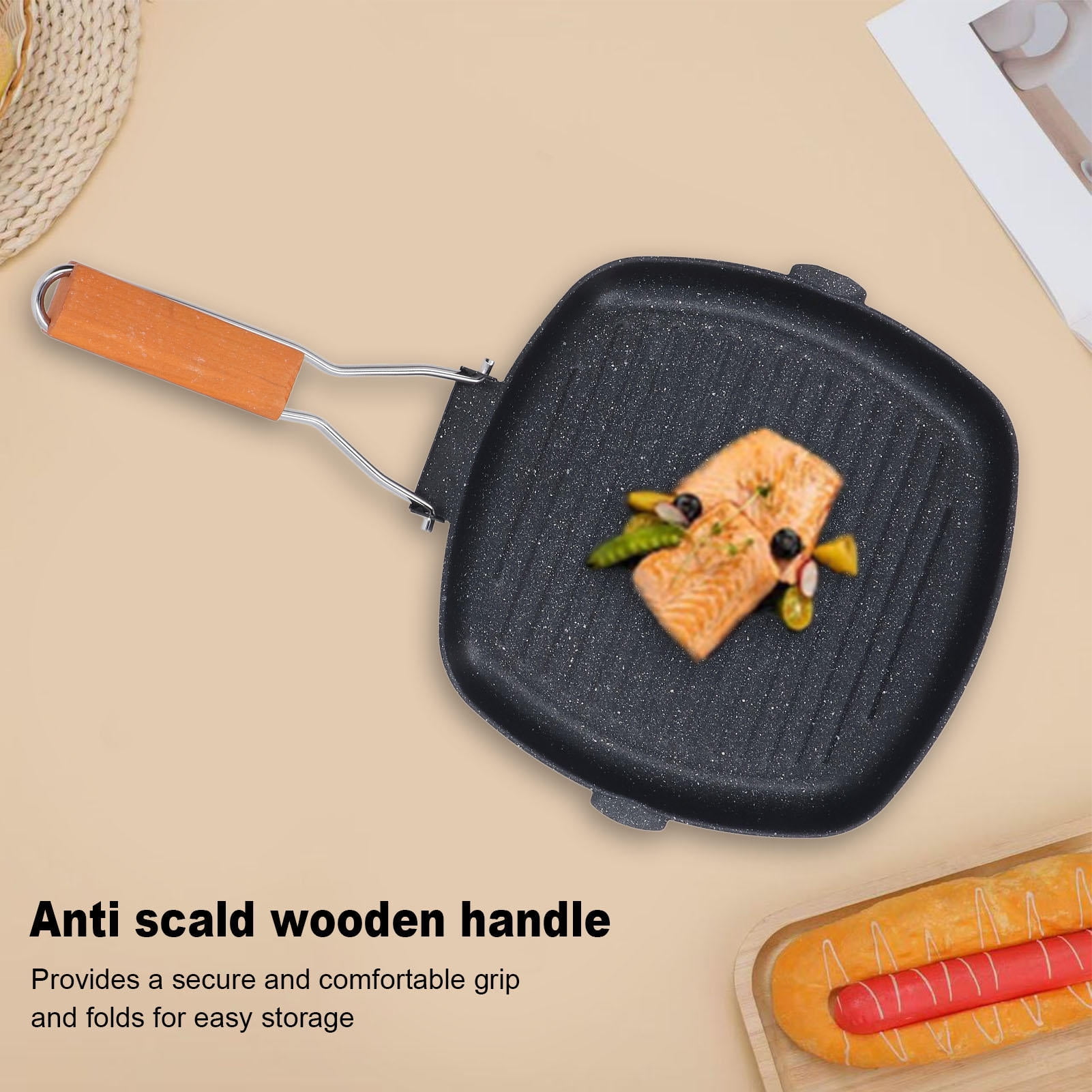 BIMZUC Maifan Stone Non‑Stick Grilling Pan – 10.6” Square, Ribbed Design, Foldable Wooden Handle, Flat Base, Gas & Induction Compatible