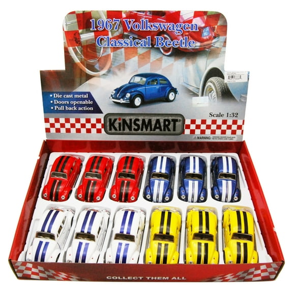 1967 Volkswagen Classic Beetle w/Stripes Diecast Car Package - Box of 12 1/32 scale Diecast Model Cars, Assorted Colors