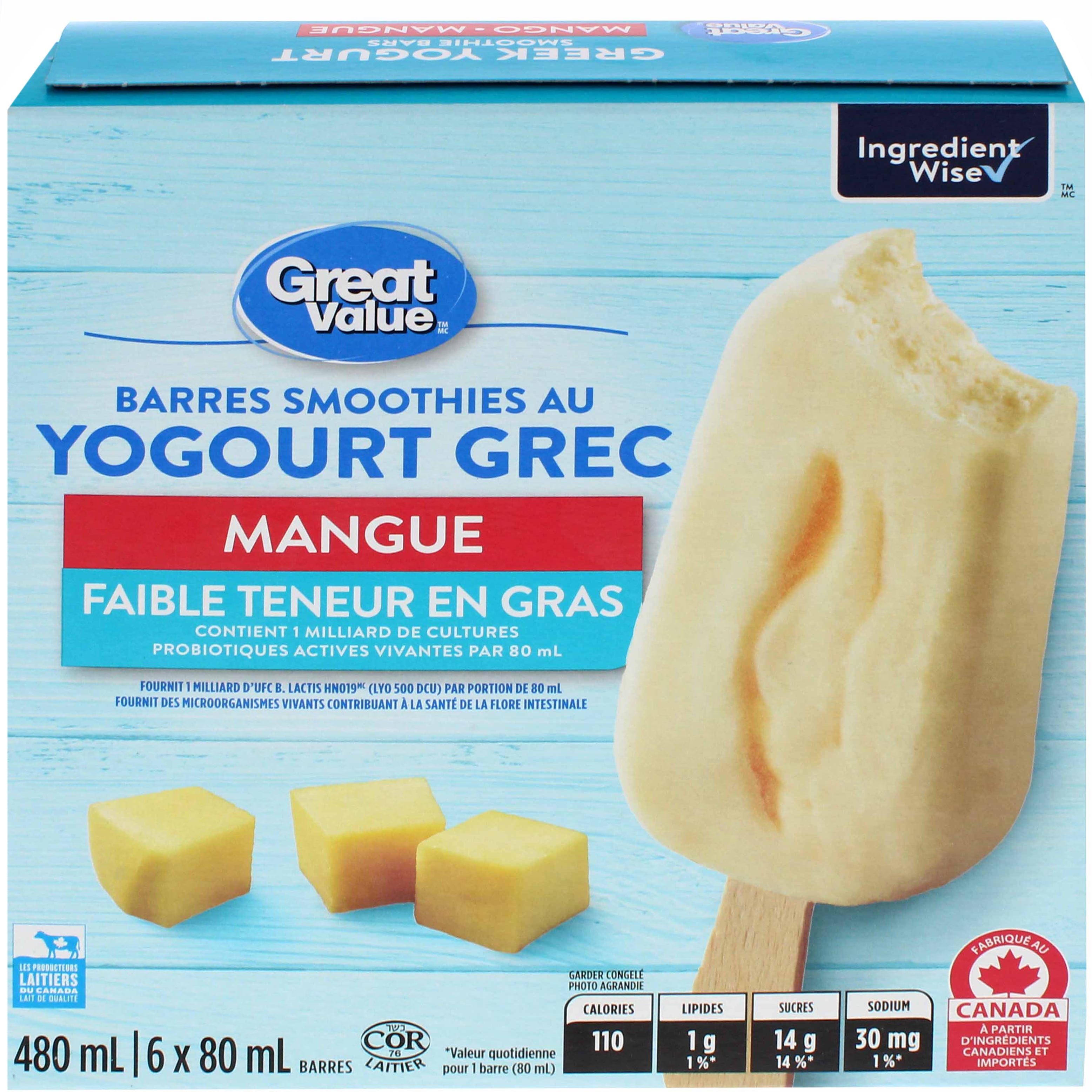 Great Value Mango Greek Yogurt Smoothie Bars, 480 mL, 6 x 80 mL