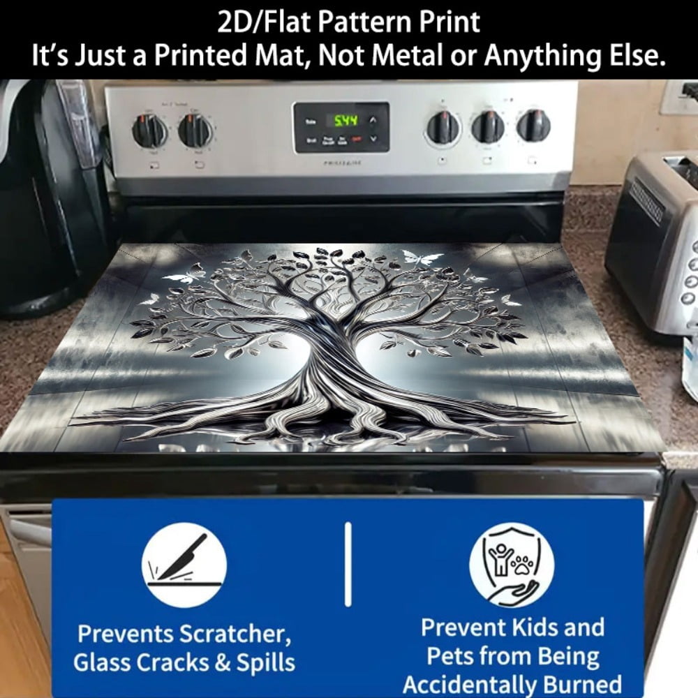1 2D/flat stove cover protection pad, with a silver-black butterfly decorative tree pattern design, 28.3x20.5 inches (72×52cm), easy to clean, perfectly suitable for any kitchen, washing machine, dry