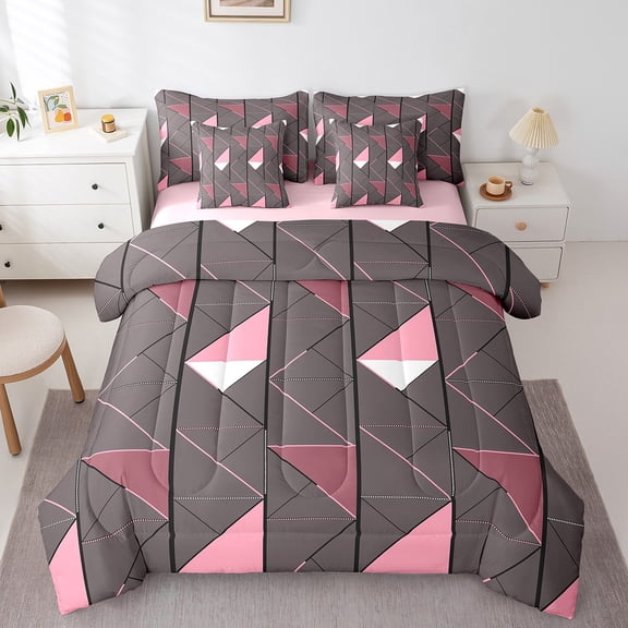 Manfei Abstract Sqare 7-Piece Twin Bedding Sets,Geometric Triangle Bedding Comforter Set,Grey Pink Breathable Sheet Sets,Ultra Soft Teenager Bedroom Decor,Reversible