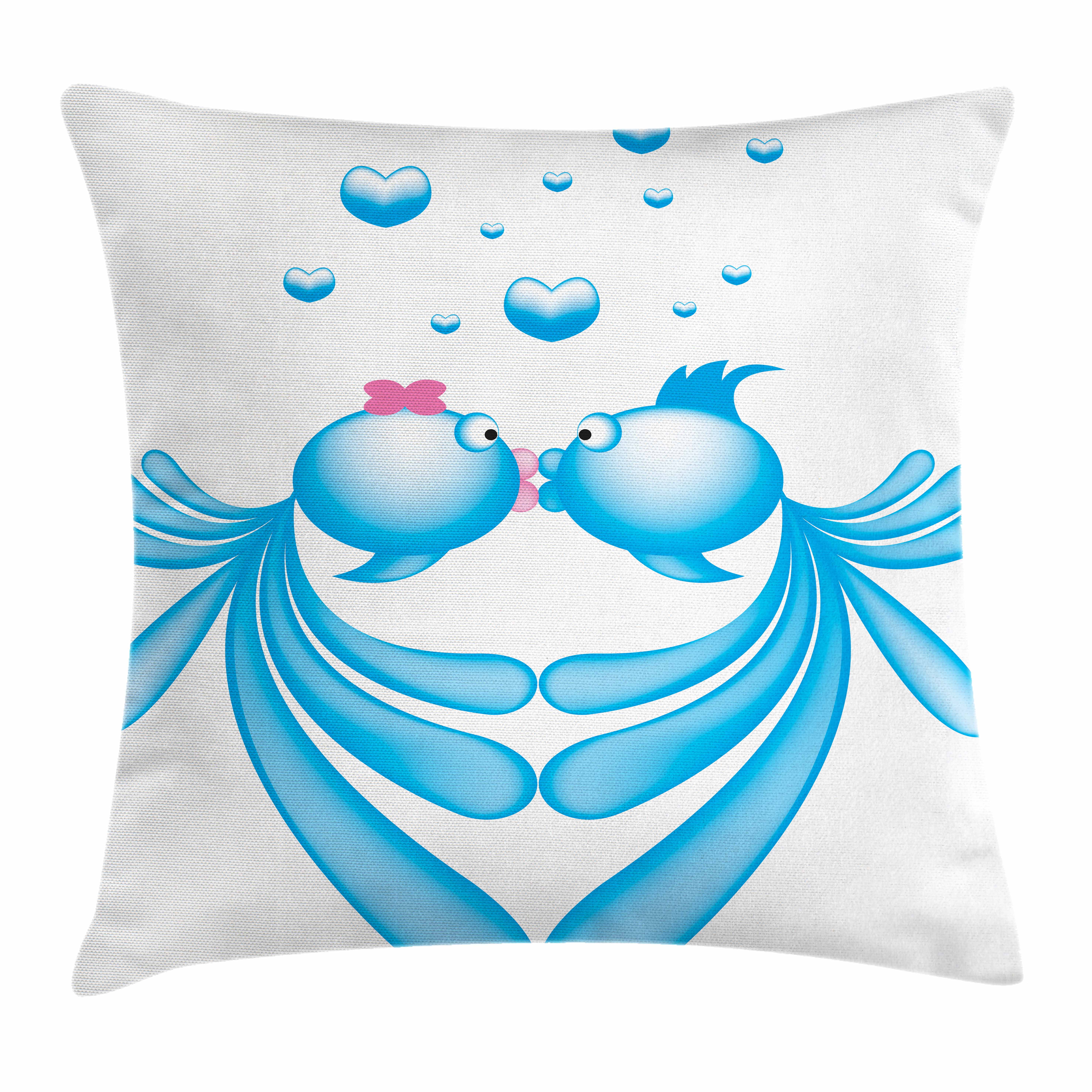 Kiss Throw Pillow Cushion Cover, Abstract Blue Cartoon Fishes Kissing