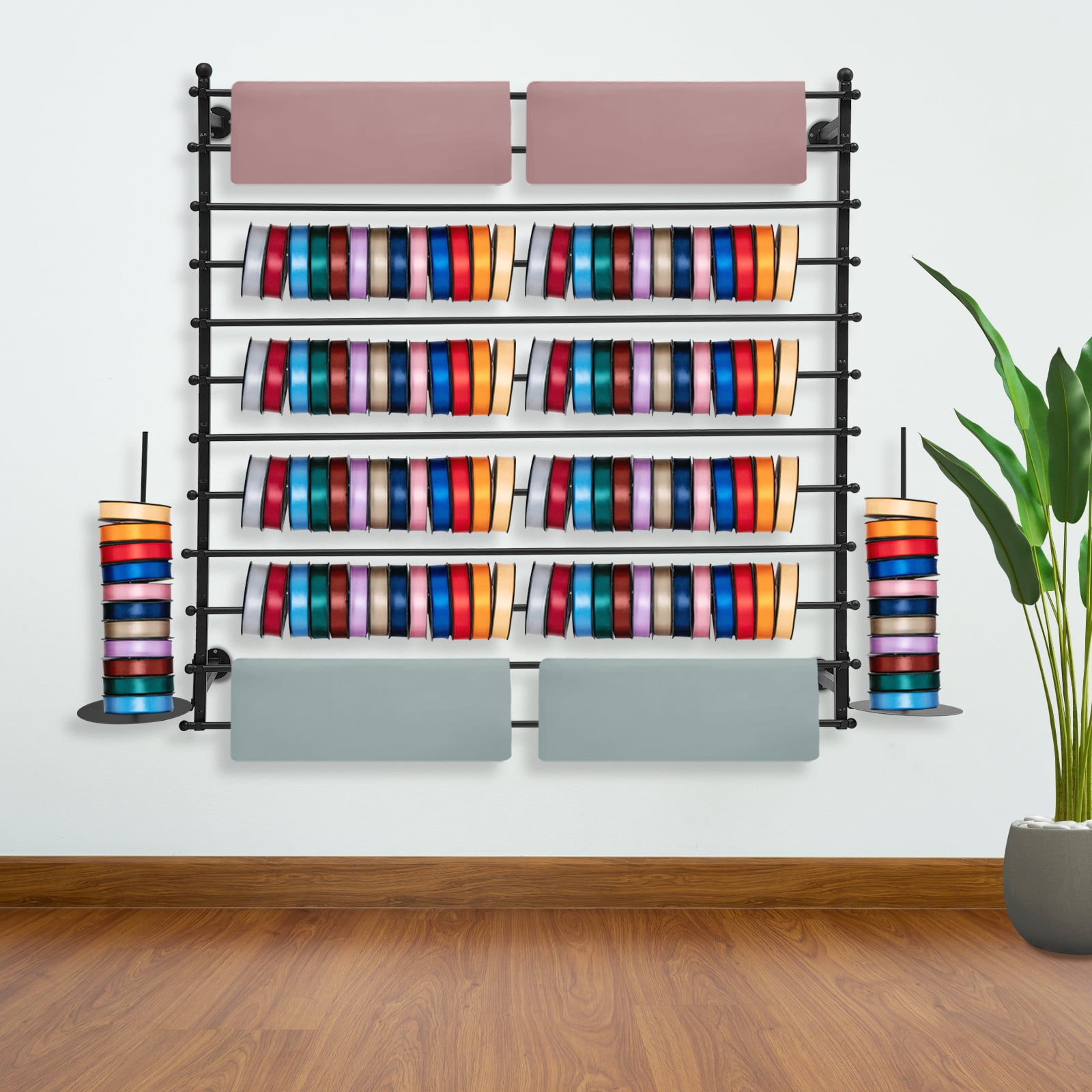 1 PCS Black Wall-Mounted Display Rack, Wrapping Paper Ribbon Holder, Organizer for Flower Shop Sewing Tool Thread Scarf Tie, 12 Rods