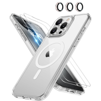 4-in-1 Entronix Bundle for iPhone 15 Pro Max, Magnetic Clear Case & 2 Screen Protector & Metallic Camera Lens Protector, Silver