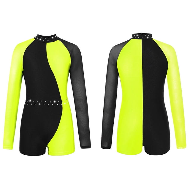 Yeahdor Shiny Rhinestones Gymnastics Leotards for Girls Long Sleeve Dance Jumpsuit Athletic Ballet Unitards Fluorescent Yellow 14