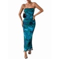 thumbnail image 2 of Women'S Summer Dress Printed Strapless Tube Bodycon Maxi Side Slit Mesh Layered Blue L, 2 of 10