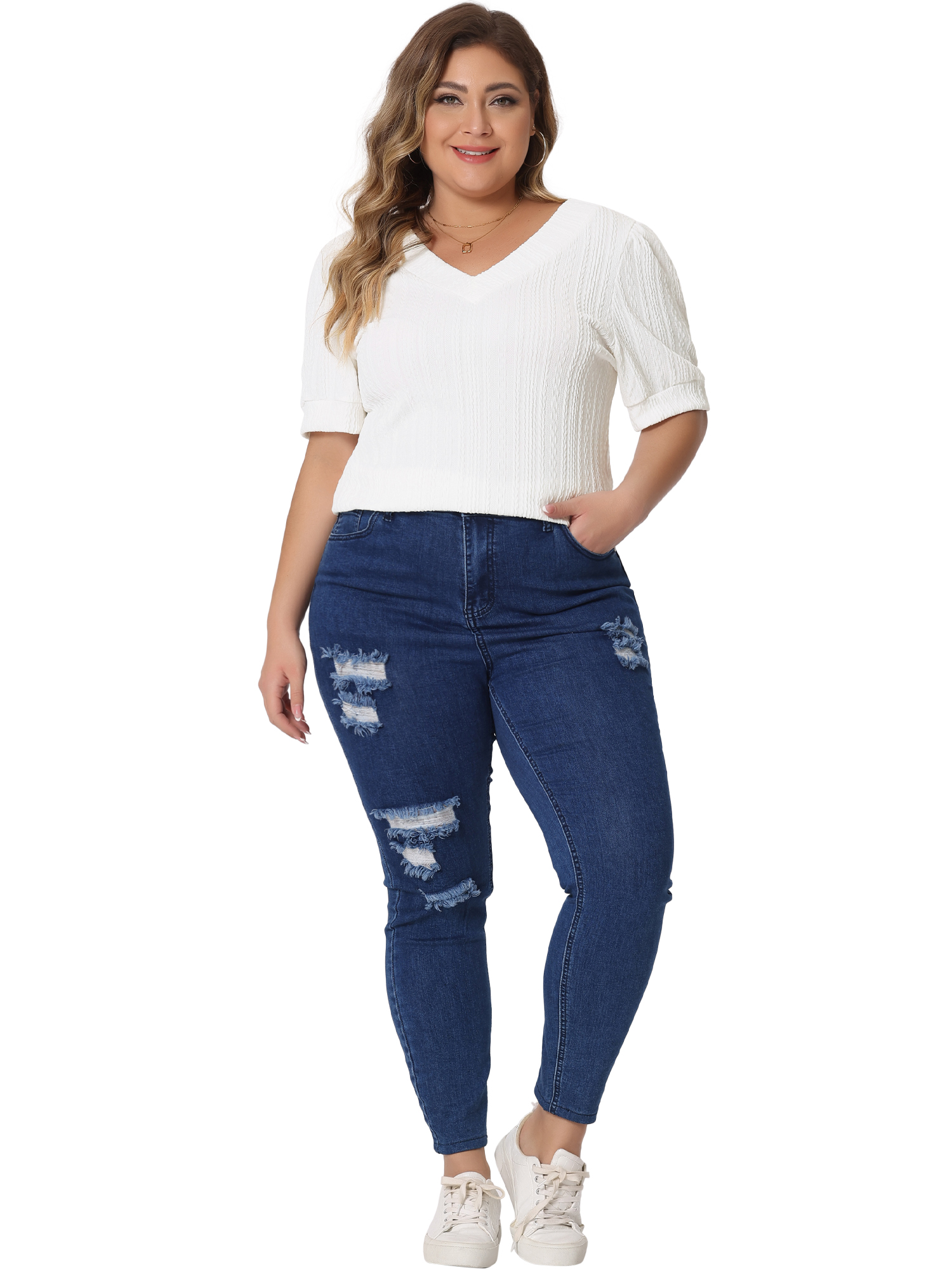 DARING DIVA Women's Plus Tops V Neck Pullover Knitted Casual Blouses 1X White