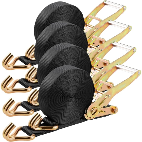 TLGREEN 4 pack 2 in x 27 ft Double J Hook Ratchet Straps (11,000 lbs Break Strength), Heavy Duty, for Trucks(Black)