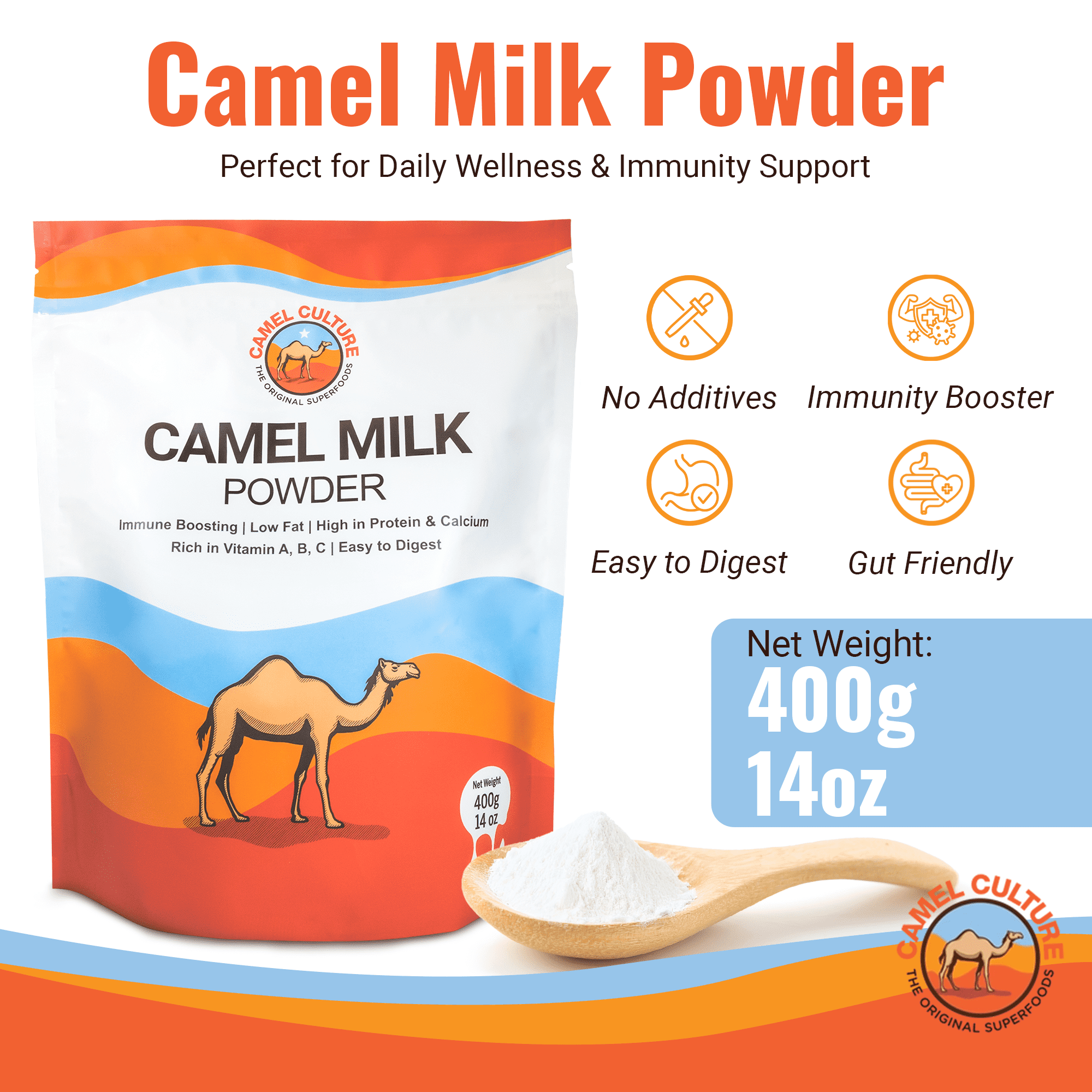 Camel Culture Dry Camel Milk Powder (400 g) – Nutrient Dense, Low Lactose Powdered Milk Packets – Concentrated, Pasteurized Traditional Dairy Alternative - Health Drink Powder for Recipes, Smoothies