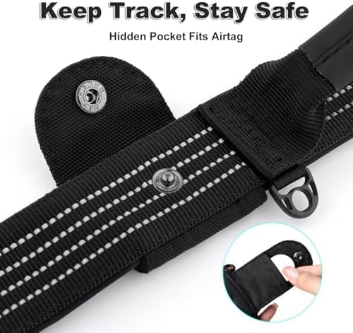 Tactical Dog Collar with Tracker Pocket for AirTag, Adjustable Reflective Nylon Collar, Metal Buckle, Leather-Wrapped Handle, Soft Padded for Medium Large Dogs (Black, S)
