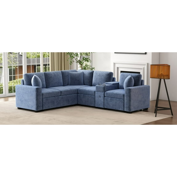 120.5" L-Shaped Convertible Sofa Bed Modular Sectional with Pull-Out Sleeper, Storage Drawers & Cup Holders for Space-Saving Living Room, Blue