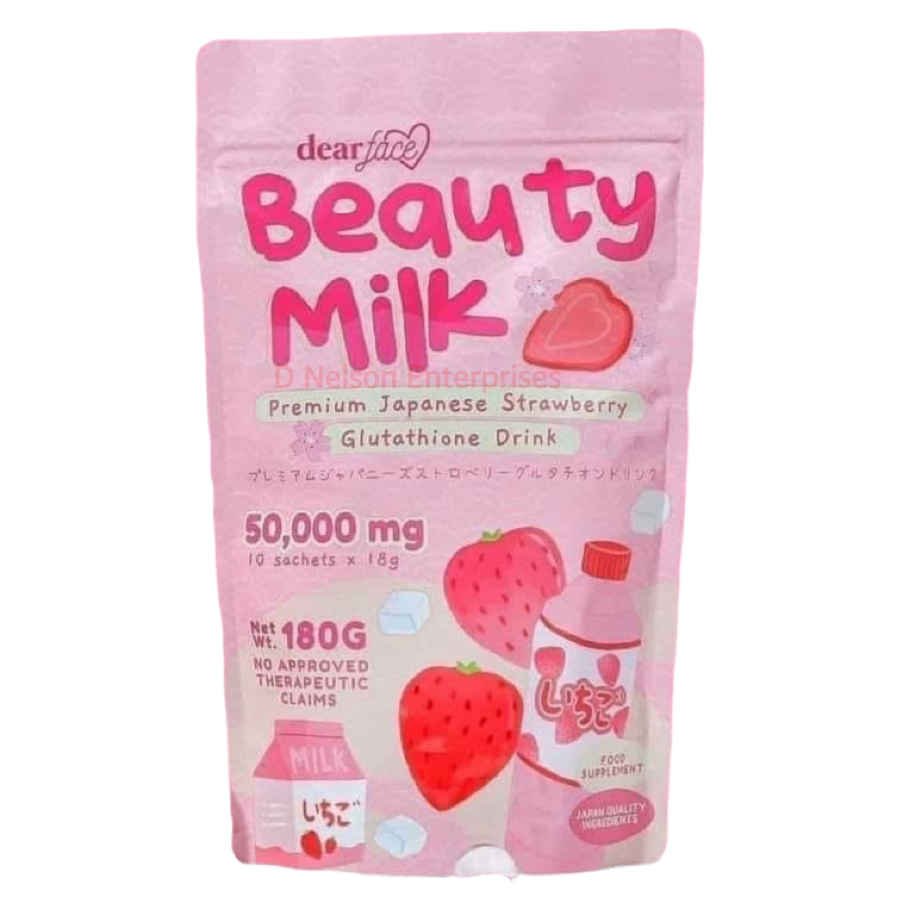 Dear Face Beauty Milk Japanese Collagen STRAWBERRY Drink, 10 Sachets X 18g - 50,000mg Hydrolyzed Collagen