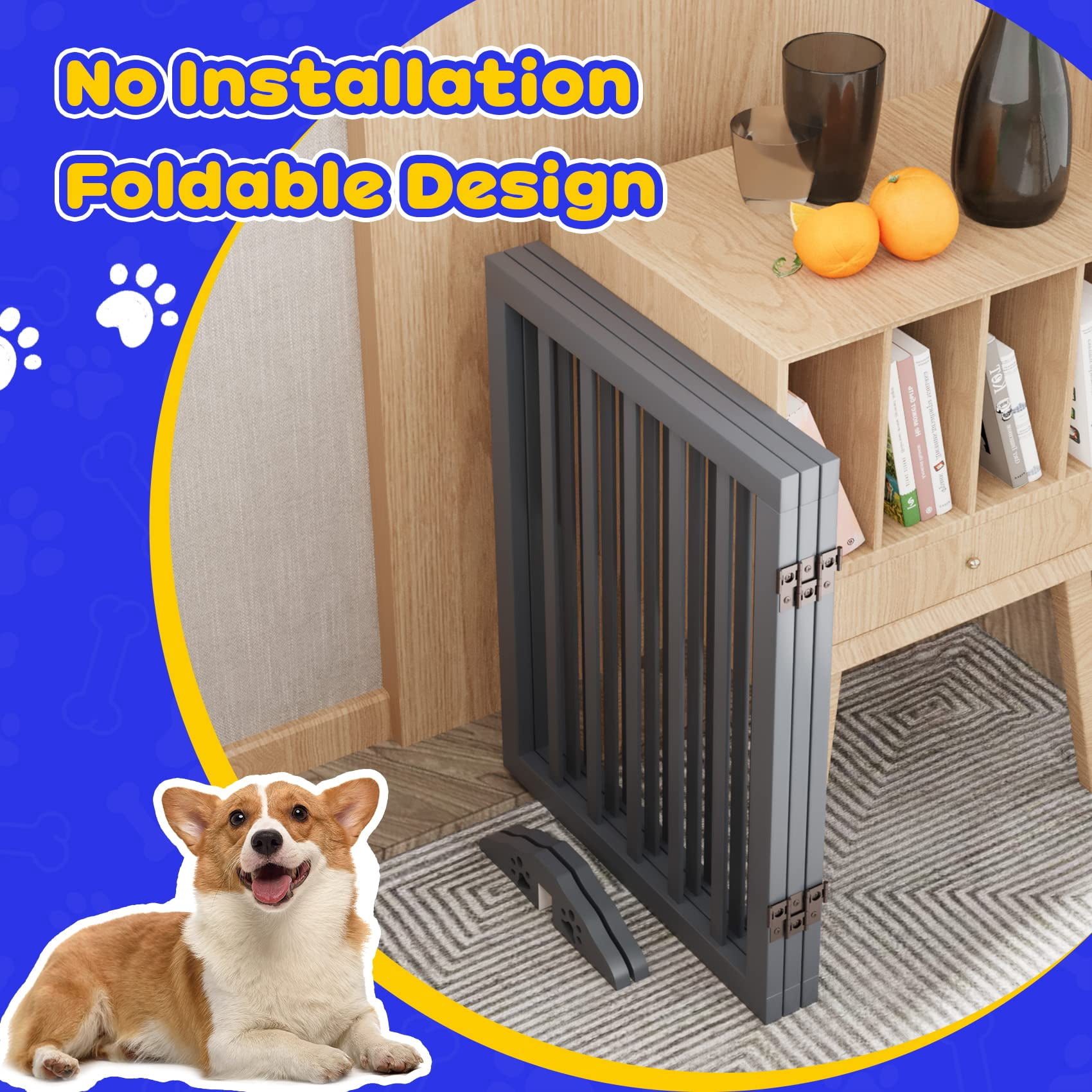 Smuxee Freestanding Dog Gate Foldable Pet Fence with Support Feet, Gray, 3 Panel
