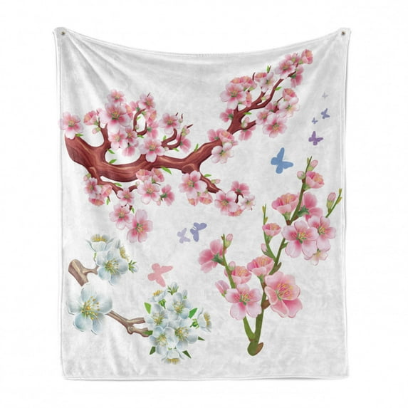 Floral Soft Flannel Fleece Blanket, Composition Flowering Branches Colorful Spring Garden Theme Seasonal Art Print, Cozy Plush for Indoor and Outdoor Use, 60" x 80", Pink Brown Green, by Ambesonne