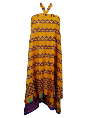 Mogul Women's Magic Beach Wrap Skirt Orange Printed Silk Sari Reversible Sarong Dress